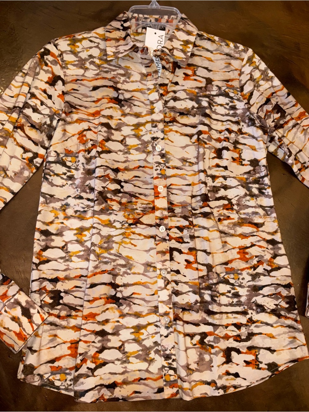 Ameliora Boyfriend Button Up travel wrinkle free Shirt brown abstract New $140